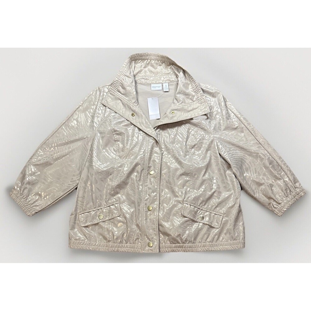 NWT Zenergy by Chicos womens 3 beige gold Foil animal print button up 3/4 sleeve